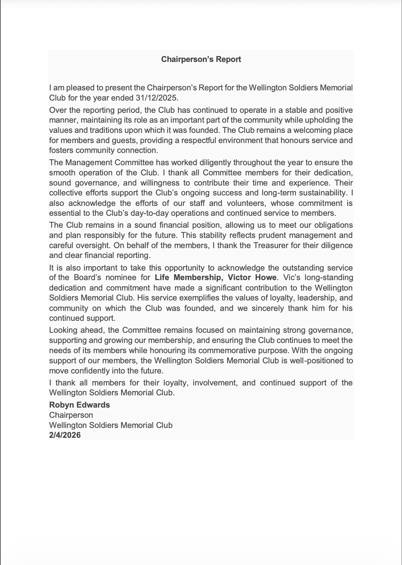 Chairperson's Report